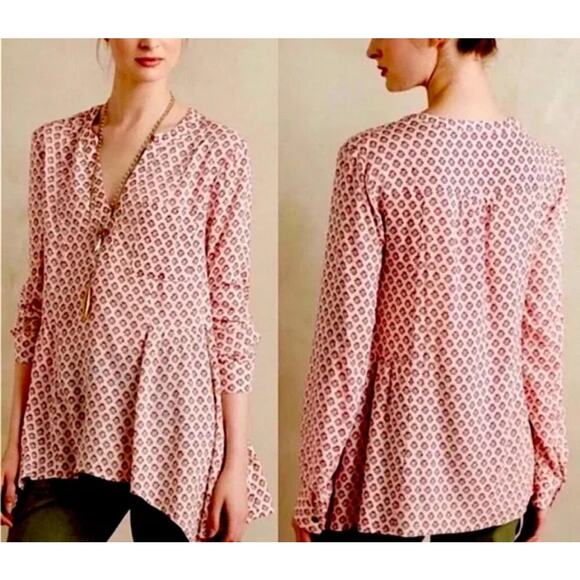 Maeve Tops - Maeve Pink floral Laiken Henley Tunic Top Sz 6 Flowy Boho Cottagecore
